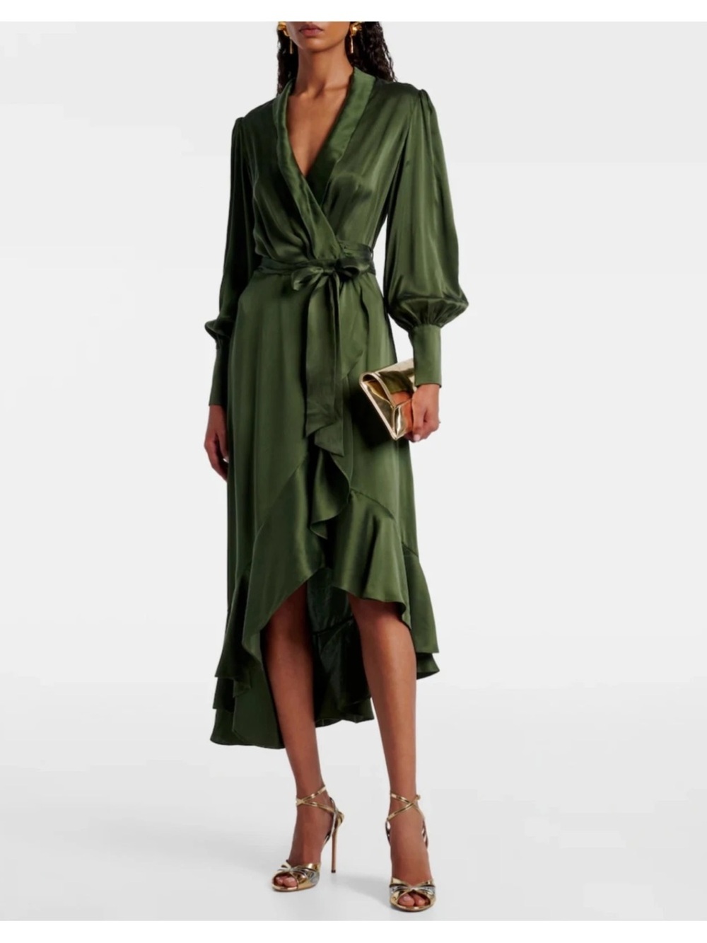 Zimmermann Olive Green Satin Wrap High-Low Ruffle Dress
